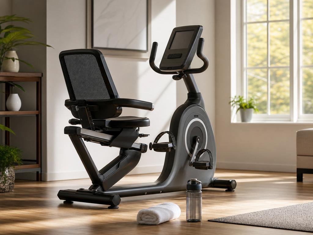 A recumbent elliptical cross trainer machine in a bright home workout corner